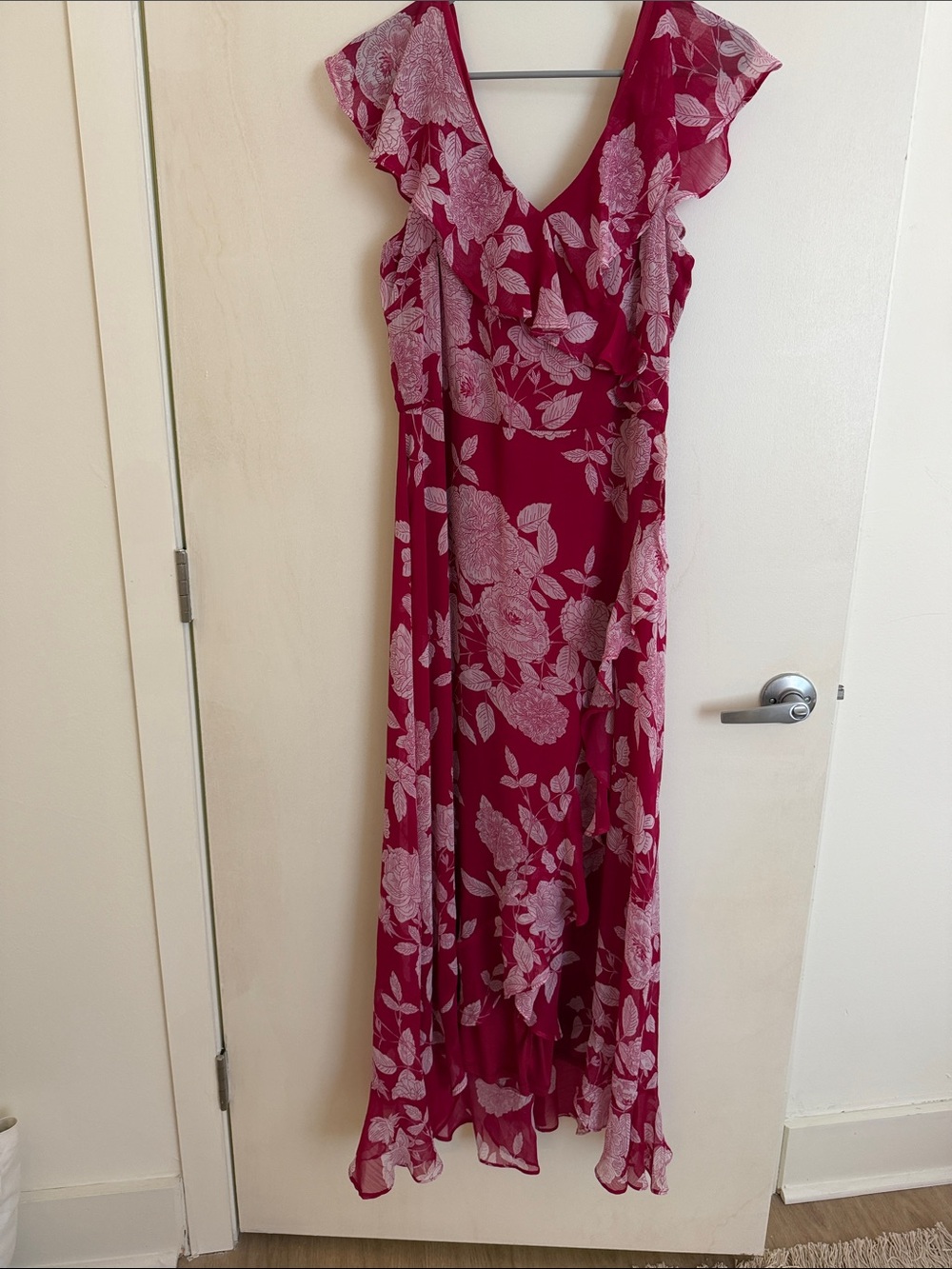 London Times Raspberry Floral Maxi Dress with V-Neck